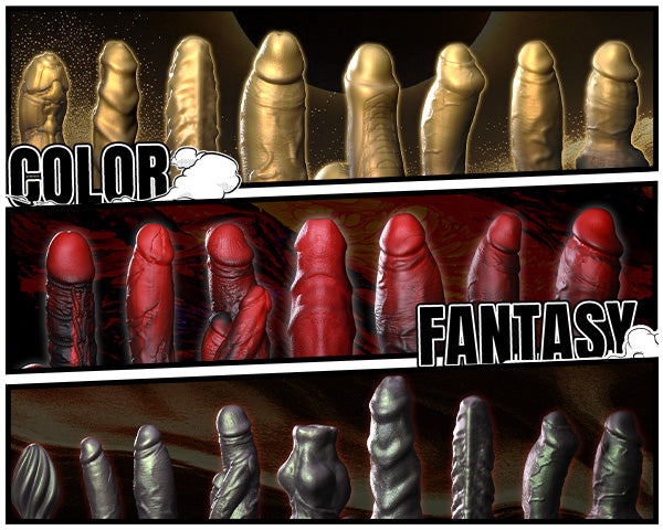 GreedyCluster Color Fantasy special edition poster featuring Eclipse, Lava, and Rust — a limited color series of best-selling dildos with unique hues and textures.