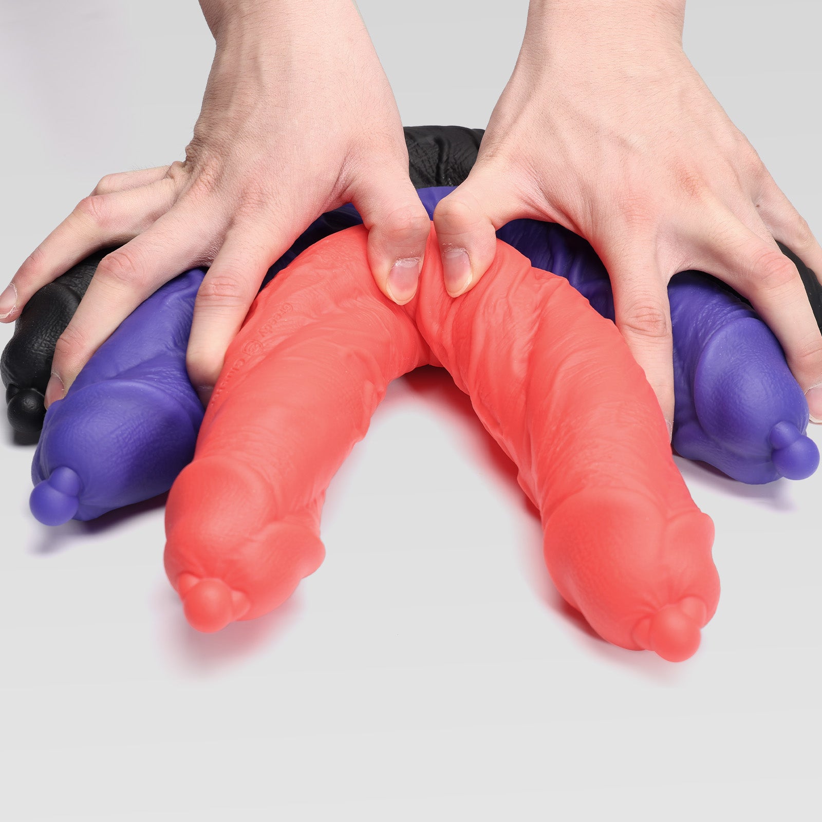 DP TWIN double dildo color options in Scarlett, Azure, Charcoal, Rust, Lava silicone