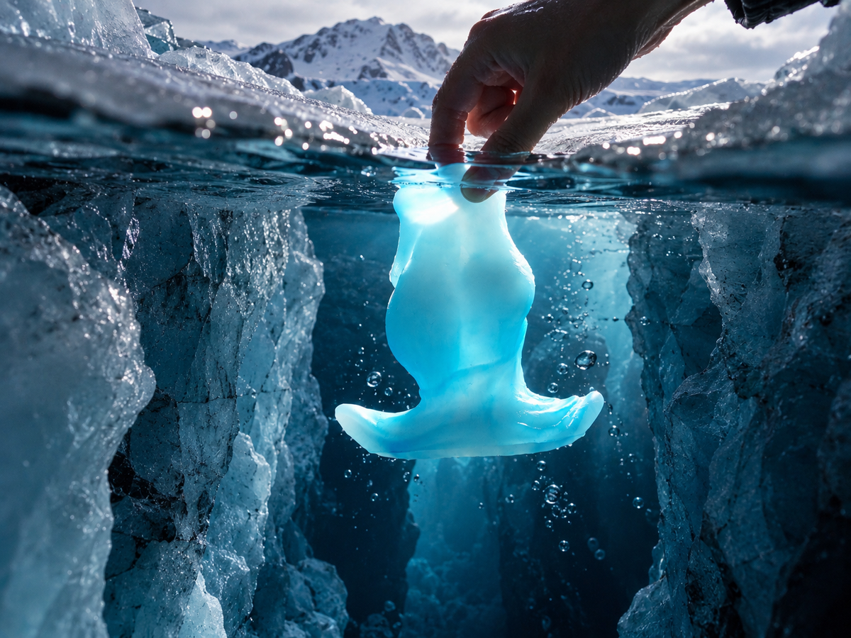 ARCTIC silicone toy against a glacier