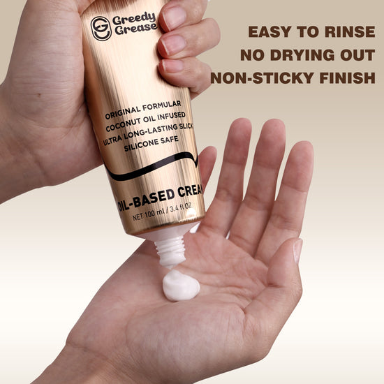 Greedy Grease - OIL BASED GOLD CREAM Anal Lube detail image showing nozzle, bottle body, and controlled lubricant application