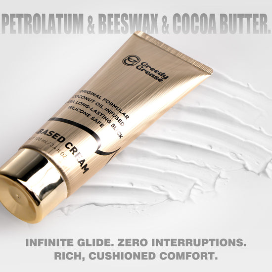 Greedy Grease - OIL BASED GOLD CREAM Anal Lube detail image showing nozzle, bottle body, and controlled lubricant application