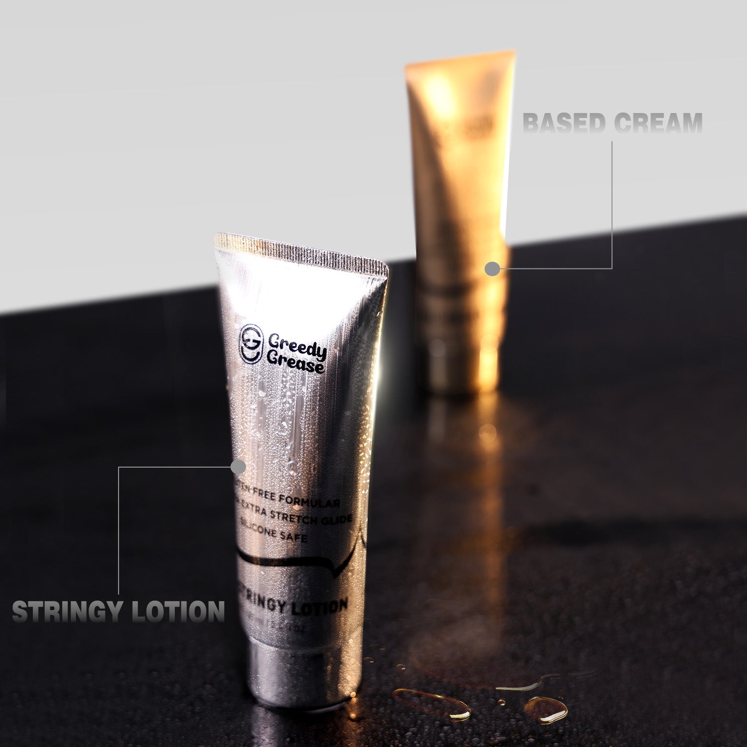 Greedy Grease - OIL STRINGY SILVER LOTION Anal Lube detail image showing nozzle, bottle body, and controlled lubricant application