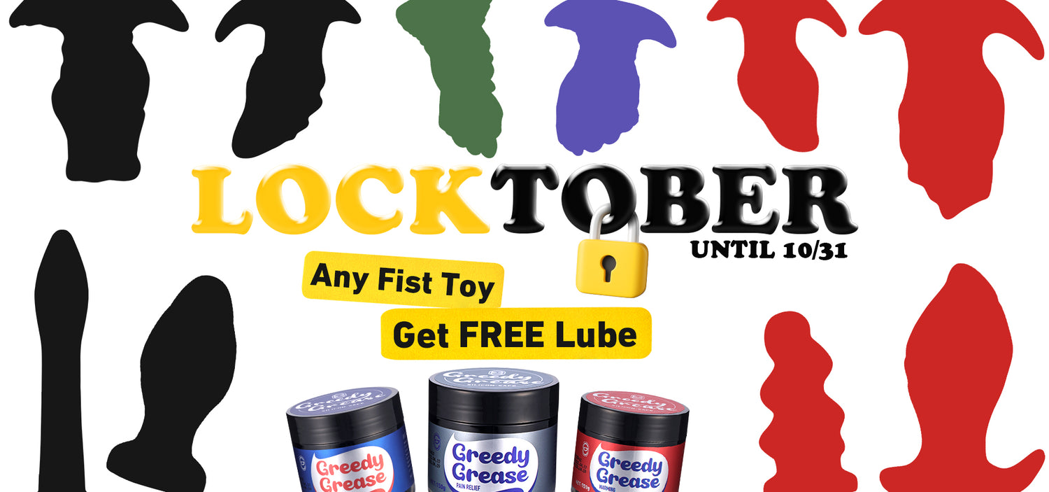 Locktober promotion poster showing “Any Fist Toy, Get FREE Lube until 10/31” event by GreedyCluster.