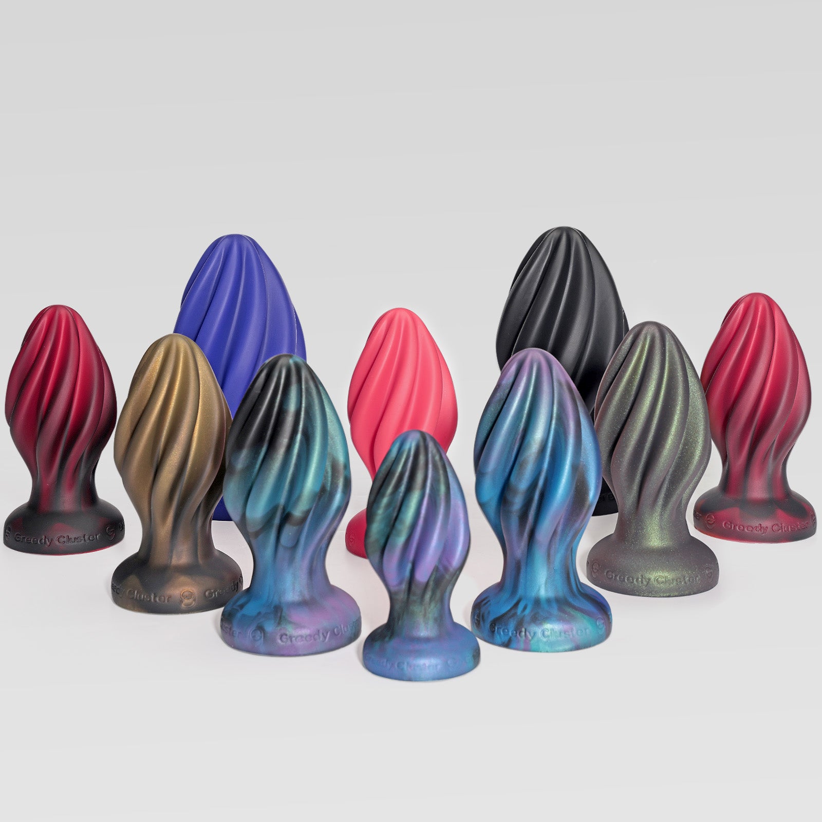 GREEDYHOLE STOPPER 00 hollow butt plug color options in Scarlett, Azure, Charcoal, Rust, Lava, Eclipse silicone