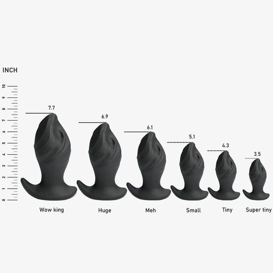 GREEDYHOLE STOPPER 01 hollow butt plug size chart for SUPER TINY, TINY, SMALL, MEH, HUGE, WOW KING