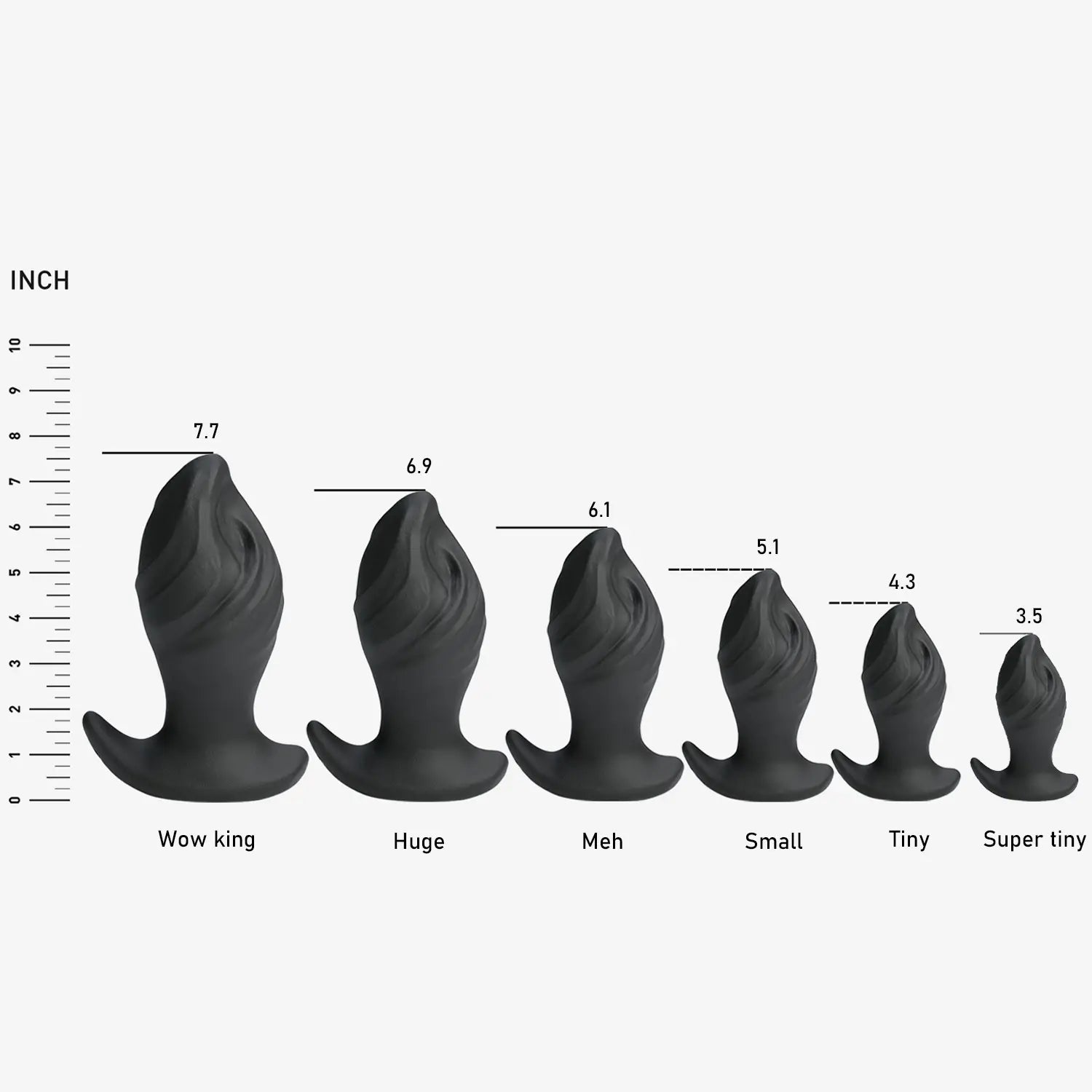 GREEDYHOLE STOPPER 01 hollow butt plug size chart for SUPER TINY, TINY, SMALL, MEH, HUGE, WOW KING