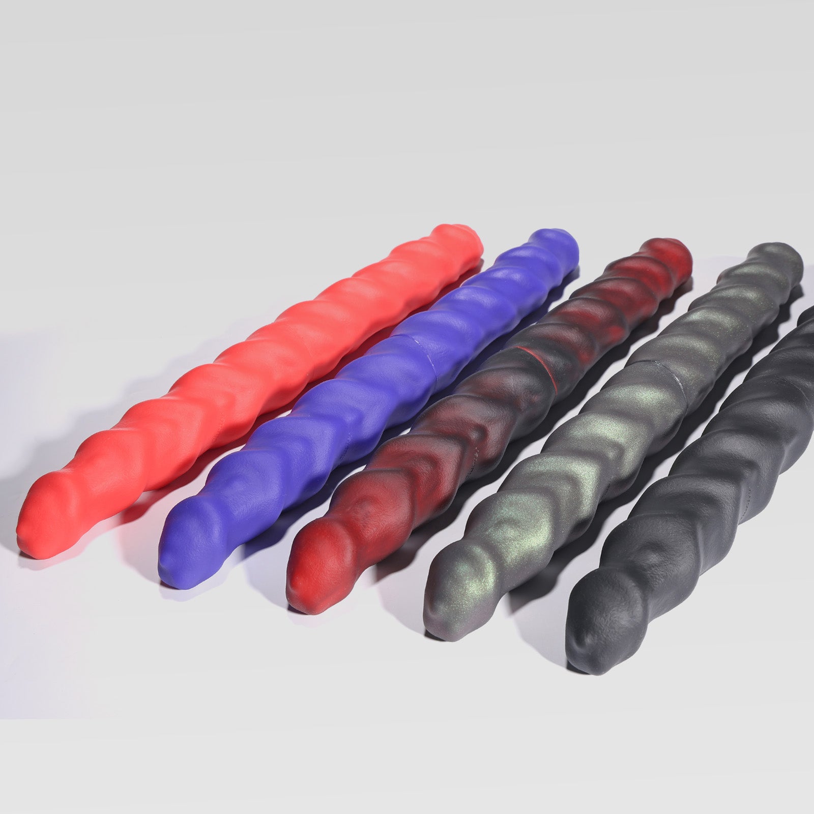 RAM TWIN double dildo color options in Scarlett, Azure, Charcoal, Rust, Lava silicone